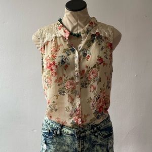 Beautiful Semi Sheer Floral and Lace Sleeveless Top